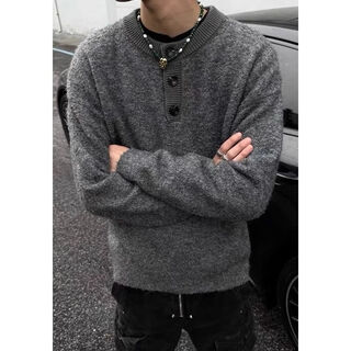 Jiaojing old money henry collar sweater american cleanfit gray henry collar sweater men's autumn and winter style lazy old money dark gray m