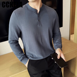 Cckela autumn and winter business henley neck cotton sweater slim casual versatile round neck pullover bottoming sweater men blue m