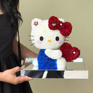 哈喽kitty凯蒂KT猫永生花公仔摆件送女朋友闺蜜结婚生日礼物告白 新款中号抱心心深蓝色猫尺 新款中号抱心心深蓝色猫尺