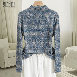 Shechi retro printed half turtleneck bottoming shirt women's 2025 winter new style temperament inner long-sleeved t-shirt