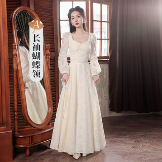 Champagne color bridesmaid dress new autumn and winter can usually wear sister group dress niche long-sleeved dress champagne a_1622 long 2xl