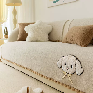 Yusenyi teddy velvet sofa cover cushion light luxury high-end autumn and winter sofa cover cover 2025 new plush cover cream lulu (beige) teddy velvet appliqué embroidered style 90x120cm (small double)