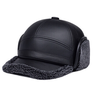 Hengyuanxiang winter genuine leather hat for middle-aged and elderly men's cowhide peaked cap to keep warm and ear-protective baseball cap for the elderly cotton hat grandpa a style black l (55-56cm) small head circumference