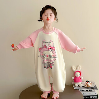 Girls one-piece pajamas spring and autumn women's cotton velvet cloth little girl baby sleeping bag cotton children's home clothes pink raglan cloth (cotton) 80cm