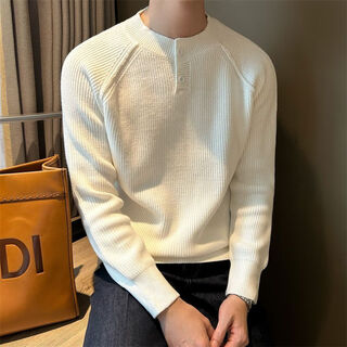 Deyun derun anti-pilling autumn and winter korean style solid color casual thick sweater men's pullover jacquard striped henry collar bottoming sweater white l