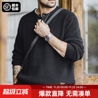 Madden workwear american retro vertical stripe henley collar sweater loose thickened black bottoming sweater men's autumn and winter black too large, recommend one size smaller l