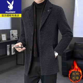 Playboy mid-length woolen coat for men in autumn and winter, thickened cotton, business casual, fashionable woolen windbreaker jacket, winter wear, black cotton style l