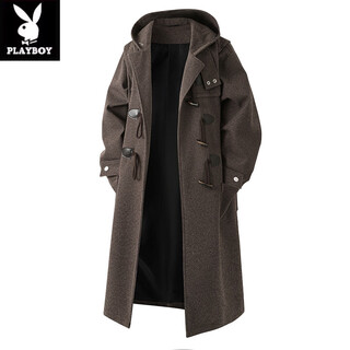 Playboy (playboy) horn button woolen coat men's mid-length over-the-knee hooded windbreaker spring and autumn premium woolen coat men's brown xl