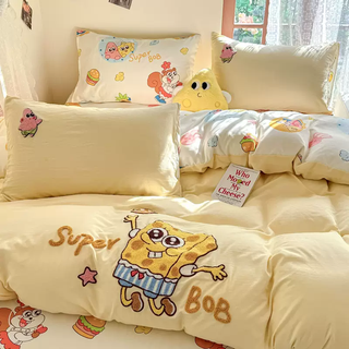 Yusenyikapibala four-piece non-cotton pure cotton cute cartoon quilt cover student bed single dormitory bed spongebob custard 1.8m bed sheet four-piece set suitable for 180x220cm quilt core