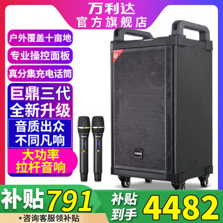 Wanlida audio m+9037b new juding mobile trolley square dance audio outdoor k singing ultra-high power professional three-way performance instrument playing and singing speaker with wireless microphone m+9036b+12-inch three-way+bel canto rechargeable microphone