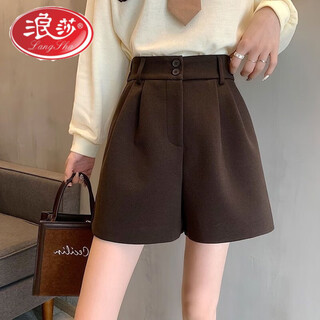 Langsha autumn and winter women's new black woolen shorts high waist loose slim winter skirt aijia fashion women's pants brown woolen shorts m 90-102jin jin is equal to 0.5 kg
