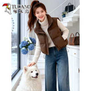Woodpecker 2025 autumn and winter new down cotton vest women's loose thickened small stylish short stand collar waistcoat brown m (recommended 100jin jin is within 0.5kg)