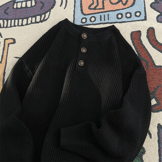 Xiaohongshu's popular cleanfit henley collar sweater for men, autumn and winter style lazy style sweater, american style cover, black, m, one size fits all