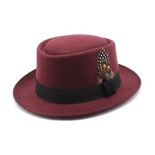 Xishengduo hat women's british autumn and winter retro korean fashion versatile jazz hat flat top woolen feather french top hat burgundy m (56-58cm)