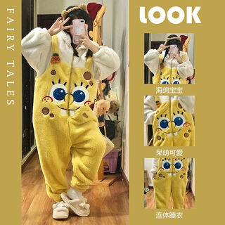 Sunayue spongebob squarepants pajamas, the same style for male and female couples in autumn and winter, one-piece pajamas that can be worn outside, warm and cute home clothes, spongebob squarepants straps style thickened s height 145-155