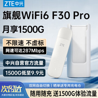 中兴（ZTE）F30Pro随身wifi6可移动无线wifi便携式免插卡随行车载上网卡热点支持5G/4G设备全国通用流量2025款