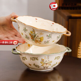 Harvest grain cute double-eared soup bowl noodle bowl ceramic instant noodle bowl home 2025 new large soup basin snail noodle bowl 8-inch double-eared soup bowl (mushroom rabbit)