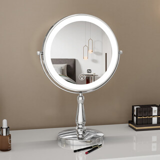 Large led makeup mirror that can be raised and lowered. telescopic double-sided illuminated mirror. desktop magnifying mirror. desktop beauty mirror can be adjusted in height. 9 inches. silver. european and american models. 5x magnification.