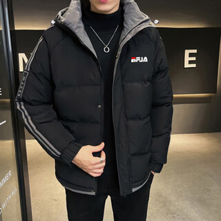 Fila feijia down cotton coat men's winter plus velvet thickened hooded cotton coat to prevent cold and warm couples jacket 2025 new men's fila 666 black hooded style 4xl (recommended 160-175jin jin equals 0.5 kg)