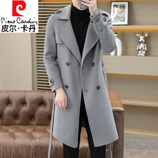 皮尔卡丹秋冬中年长款过膝毛呢大衣男腰带风衣高端轻奢双面羊毛呢子外套潮 双排扣灰色 M