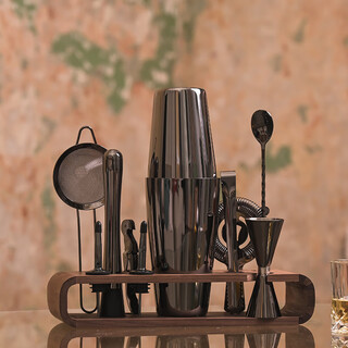 Ruian five star quality 304 stainless steel shake pot french jazz black mixer set wooden frame bar tools jazz black boston set black walnut wood frame