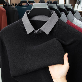 Lilan men's shirt collar fake two-piece woolen sweater round neck thickened casual top new middle-aged business sweater fake black thickened m (165)