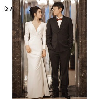 Rabbit style certificate clothes french satin light wedding dress 2025 new long-sleeved hepburn style niche simple bride welcome fishtail white xs