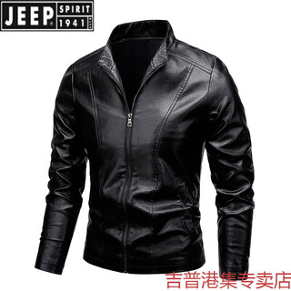 Jeep spirit stand collar plus velvet warm leather jacket for men 2025 new autumn and winter windproof leather jacket men's coat handsome black xl