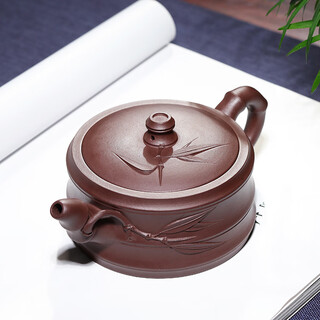 Hidden pot world yixing purple clay pot famous handmade teapot original mineral purple clay flat bamboo pot one pot two cup teapot set purple clay style 245ml