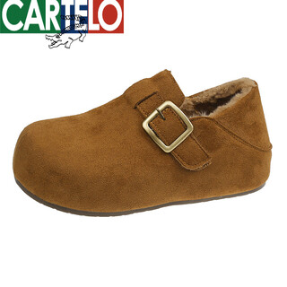 Cartelo crocodile retro all-inclusive plus velvet birkenstock shoes for women 2025 autumn and winter new style inner heightening thick-soled one-legged two-wear birkenstock cotton shoes camel 35