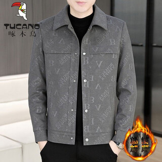 Woodpecker (tucano) lapel jacket woolen jacket men's spring and autumn new medium thick jacket plus velvet high-quality light business large size men's gray velvet thickened l (115-130jin jin equals 0.5 kg)