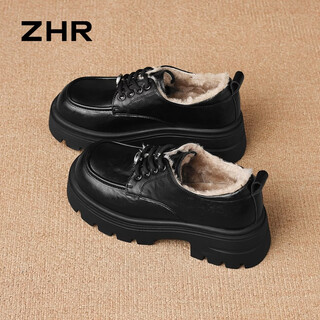 Zhr deep-mouth single shoes for women plus velvet to keep warm furry shoes for women 2025 winter new lok fu small leather shoes increase anti-slip black 35