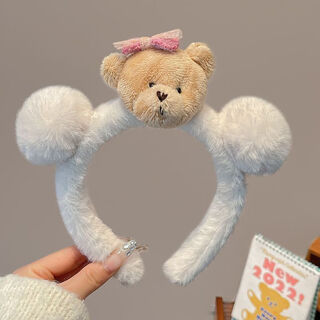 Ultraman cartoon bear bow cute plush headband women's face wash pressing hair anti-slip headband versatile girl going out headwear beige double ball bear