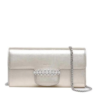 Jimmy choo women's clutch magnetic closure internal zipper pocket adjustable shoulder strap portable storage calfskin gold tu