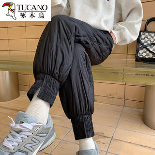 Woodpecker diamond light thin down pants women's winter outerwear fashionable and loose 2025 new women's velvet thickened warm cotton pants black goose velvet/3 times warmth s