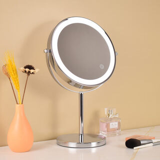 Large led makeup mirror that can be raised and lowered, telescopic double-sided illuminated mirror, desktop magnifying mirror, adjustable height, 8 inches, silver, straight pole, 3x magnification