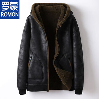 罗蒙（ROMON）2025新款两面穿机车服外套加绒加厚麂皮绒皮毛一体外套男皮草夹克 棕色+【黑色连帽】 3XL 145-165斤