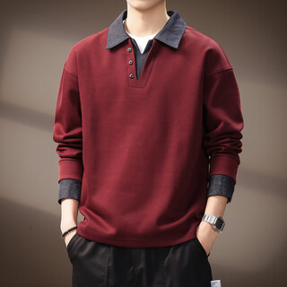 Precious color high-end fake two-piece contrasting color splicing denim polo shirt for men in autumn and winter american retro velvet lapel sweatshirt for men ancora red xl suitable for 150-170jin jin equals 0.5 kg