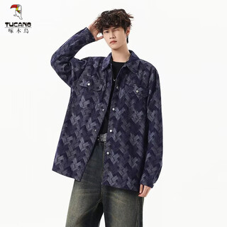 Woodpecker (tucano) chaqueta vaquera desgastada de jacquard lavada americana con estampado integral para niños, chaqueta de trabajo retro holgada y bonita, nuevo estilo de primavera y otoño, negro m