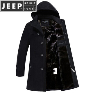 JEEP SPIRIT毛呢大衣男中长款加绒加厚冬季男士风衣妮子保暖呢子外套中款东北 黑色 纽扣+拉链 4XL 185斤左右