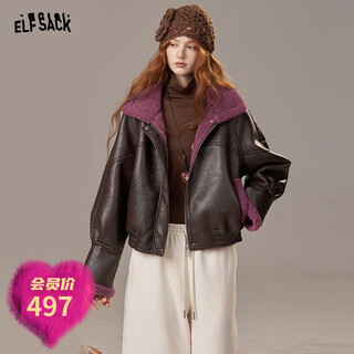Fairy's pocket retro jacket plush cotton leather jacket women's 2025 winter new contrast color fur one-piece jacket retro brown l