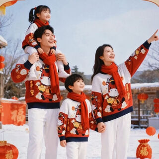 He jiagong's year of the horse parent-child outfit for a family of three long-sleeved sweaters 2026 autumn and winter new children's knitted mother-daughter red new year greetings horse head red sweater 80