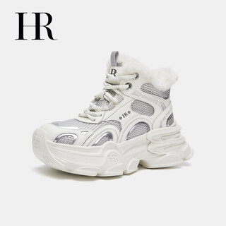 Hr helena women's shoes 2025 winter new thick-soled heightening daddy shoes mesh design plus velvet comfortable and versatile mi silver 39