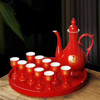 Fantasy wedding wine jug cross-cup wine wedding cup wedding toast tray wedding ceramic red wine set toast cup peacock double happiness wine set 1 pot 10 cups with log plate