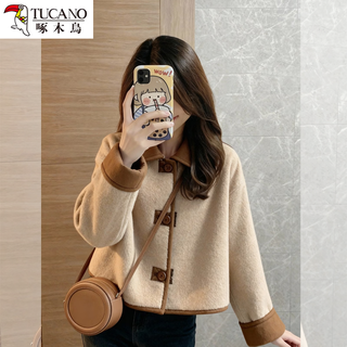 Woodpecker coffee color reversible suede sherpa jacket for women 2025 winter retro maillard stand-up collar fur integrated picture color unique and beautiful/popular style this year s recommended 80-95jin jin equals 0.5 kg