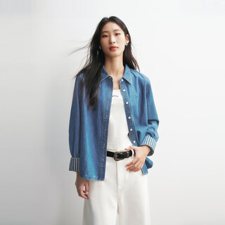 Peacebird long-sleeved slightly wide denim shirt 26 spring women's new cuff inner stripe contrast fashion shirt denim medium blue l 165