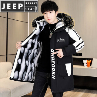 Jeep spirit winter parka men's jacket plus velvet thickened jacket men's winter cotton clothes mid-length windbreaker warm jacket black plus velvet thickened m 80-100jin jin is equal to 0.5 kg