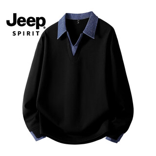 Jeep spirit fake two-piece sweatshirt men's 2025 autumn and winter trendy loose coat polo collar casual long-sleeved top black xl