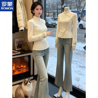 Romon new chinese style heavy embroidery bottoming shirt autumn and winter new style jacquard temperament plus velvet warm inner long-sleeved top for women apricot plus velvet s recommended 75-95jin jin equals 0.5 kg