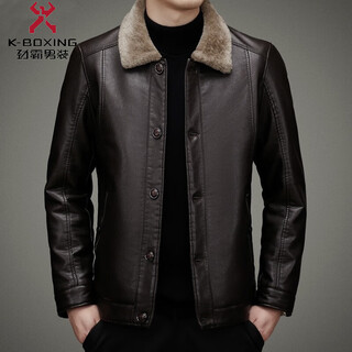 KBXNG劲霸皮衣男加绒加厚秋冬皮毛一体男中年爸爸纽扣皮夹克外套 咖色FA06扣子皮衣毛领 咖色FA06 4XL 195(180-200斤)